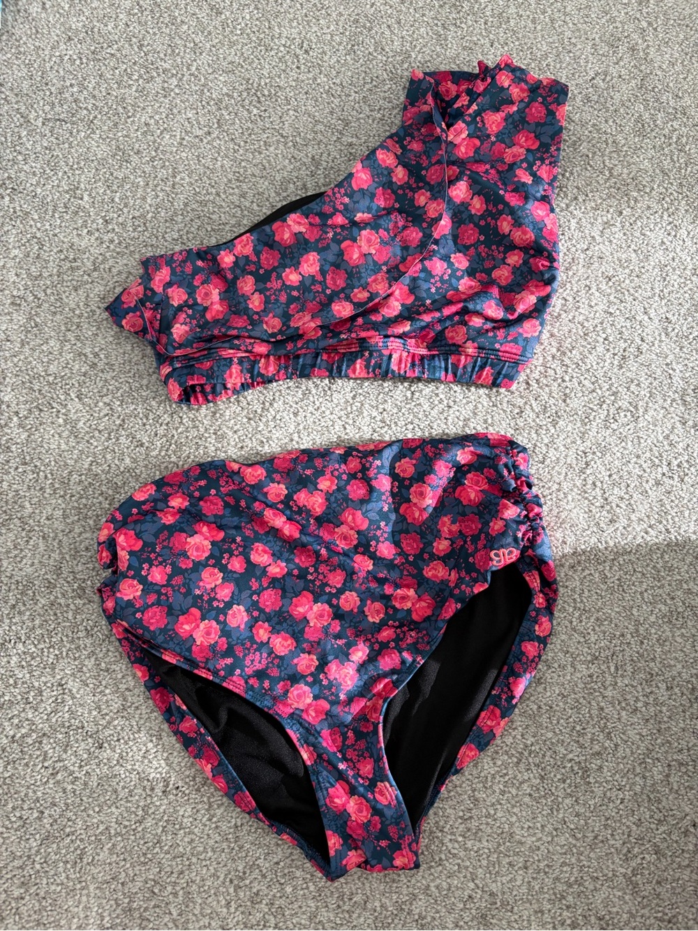 Albion Women’s Navy Bikini with Pink Rose Print - Size Medium Top and Bottoms